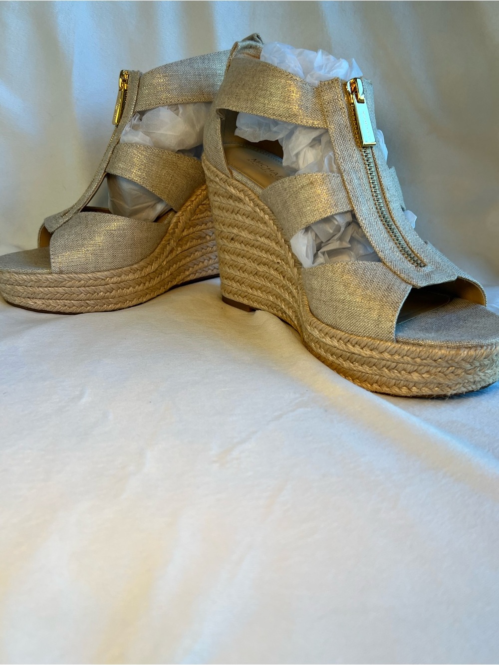 Michael Kors Gold Espadrille Wedge Sandals with Front Zip